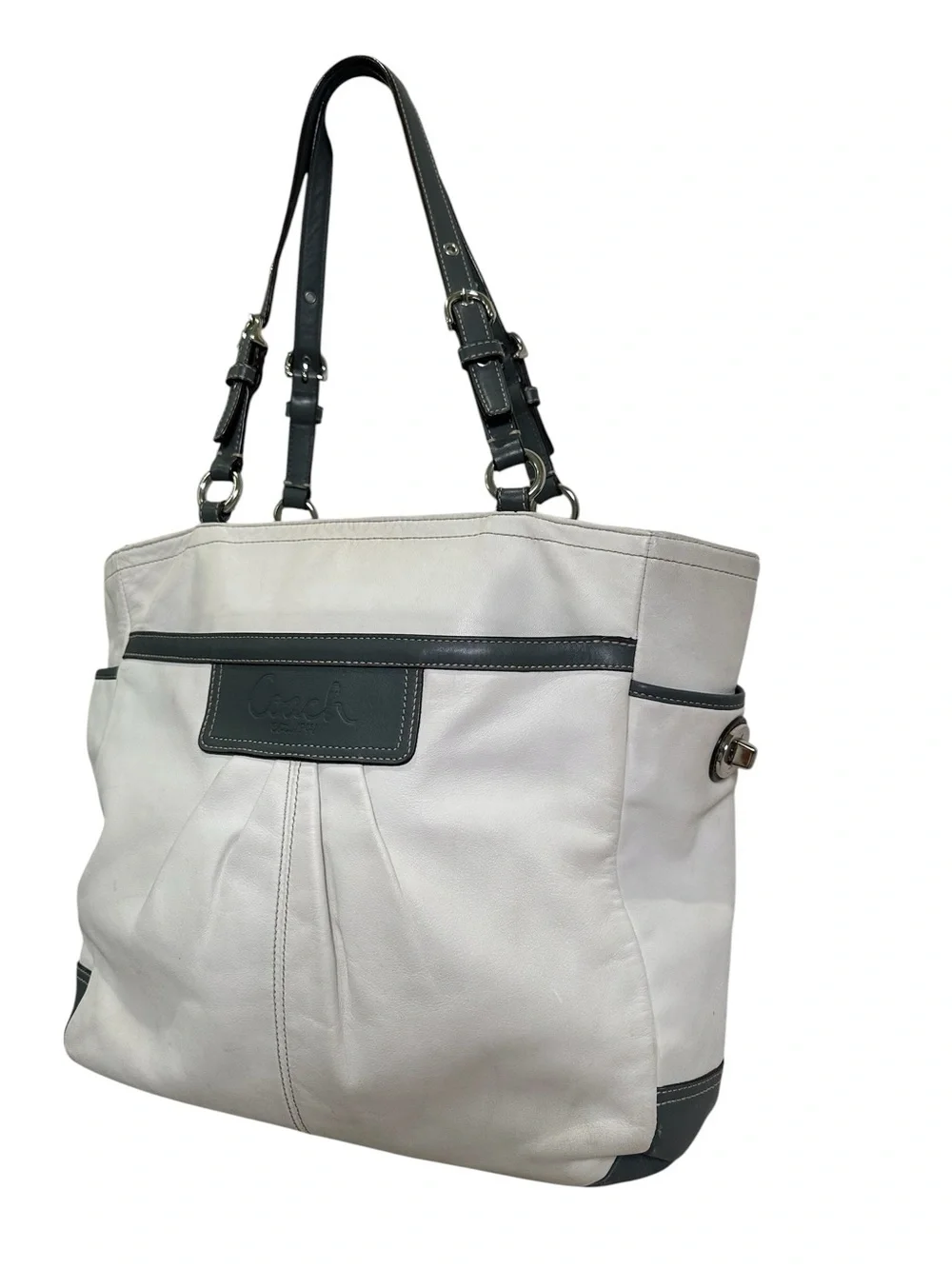 Coach Y2K Off-White/Ivory & Gray Soho Large Pleated Gallery Tote Bag